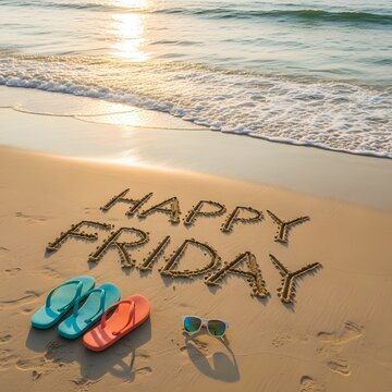 "Happy Friday" Text Written in Sand on a Golden Beach at Sunset with Colorful Flip-Flops and Sunglasses, Square Format