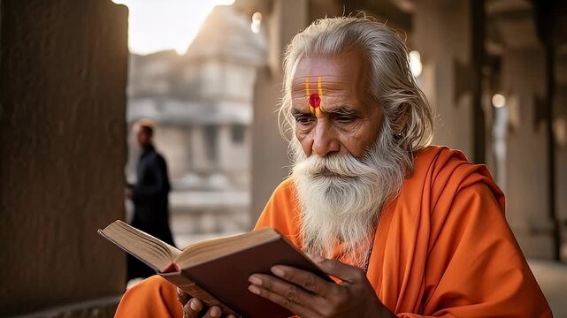 Old Indian Man with White Beard Reading Book in Orange Robe at Ancient Temple with Sunlight in India