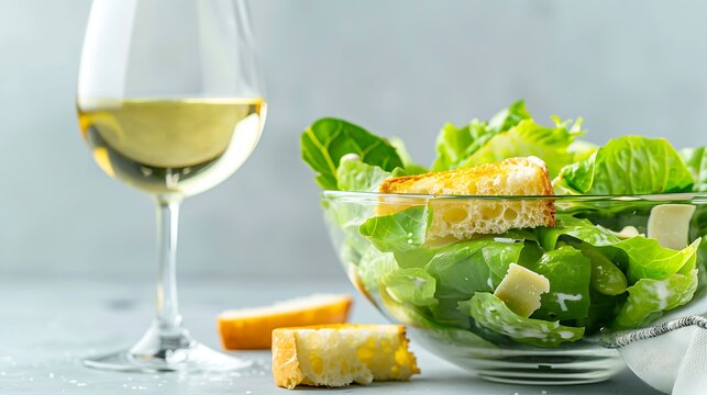 Fresh caesar salad with croutons and a glass of white wine