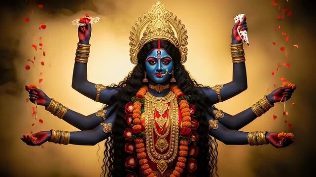 Ornate Hindu Goddess Portrait with Dark Skin Tones and Gold Jewelry in Dramatic Lighting with Red Floral Accents and Multiple Arms