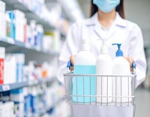 Pharmacist with shopping cart of hand sanitizers