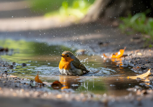 Bird Bathing in Rain Puddle - Powered by Adobe