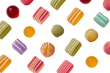 Colorful hard candies scattered on black.  Variety of shapes and hues