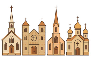Obraz premium Set of traditional church buildings. Vector flat illustration of various Christian architectural styles. Collection includes Gothic cathedral, Orthodox and Protestant chapels.