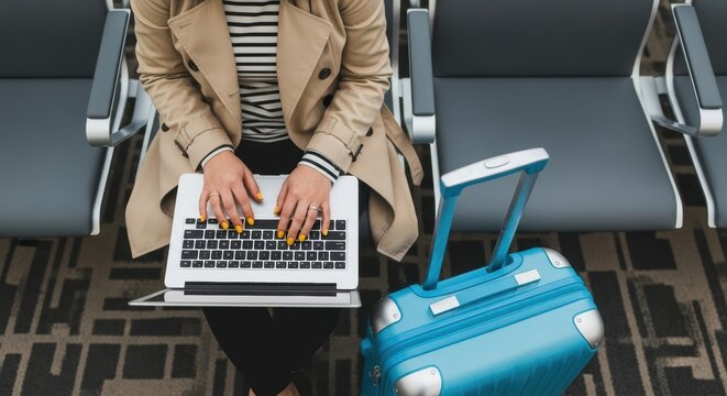 Woman working on laptop at airport with blue suitcase and beige coat in waiting area seating row - Powered by Adobe