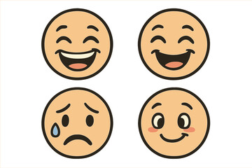 Vector cartoon emoji set. Round faces with emotional expressions: happy, sad, crying, laughing. Cute character icons. Funny emoticons collection for social media and design.