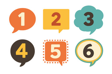 Set of retro speech bubbles with numbers 1 to 6. Vector infographic elements for steps, options, or lists. Flat design cartoon style dialog boxes. Ordered process concept.