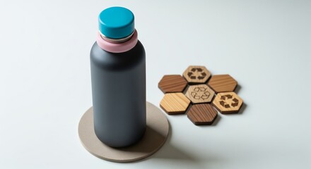 Refill Bottle with Hexagonal Tokens on Bright White Surface