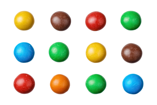 Colorful round candies arranged in a grid