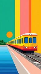 Pixel Art Train at Sunset by Water with Vibrant Background