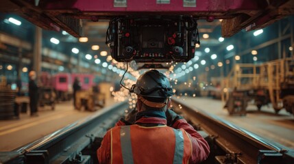A technician calibrates the navigation sensors of a railcar inspection robot offering a glimpse into the advanced technology that allows the robot to autonomously navigate rail yards