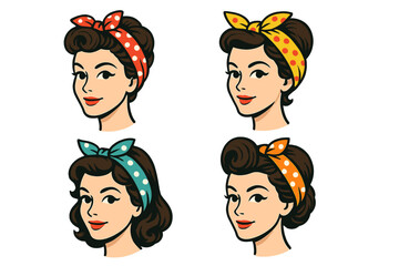 Set of retro woman portraits with vintage hairstyles and colorful polka dot bandanas. 1950s pin-up girl face collection. Rockabilly beauty fashion vector illustration for logo or avatar.