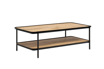 Two-tiered coffee table with light beige/oak top and black metal legs.  Simple, modern design
