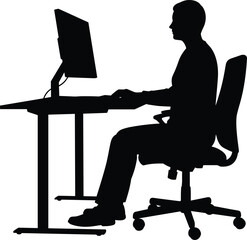 Silhouette of Man Sitting at Desk Using Computer Monitor, Working Online, Office Job, Remote Work Concept Vector Illustration