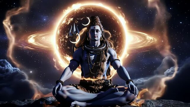 Majestic cosmic lord shiva wallpaper depicting divine meditation amidst a celestial glow, perfect for spiritual backgrounds and inspiration for inner peace