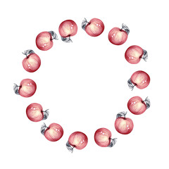 Wreath, template, frame, border, space for text, copy space. Ripe red apple with stripes, pair of hearts, stalk, leaf. Autumn cozy mood. Hand drawn watercolor illustration.