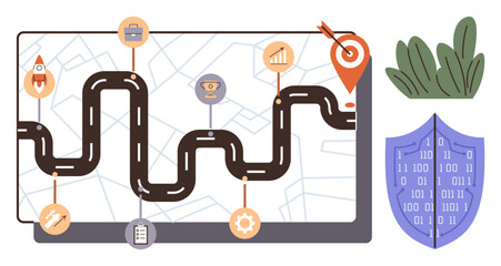 Winding roadmap with milestones, laptop screen, target, security shield, icons, and leafy decor. Ideal for strategy, business planning, cybersecurity goals innovation navigation achievement