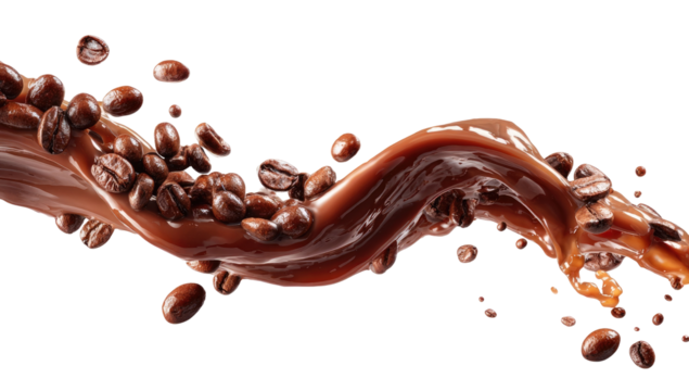 Coffee beans cascading in a dark liquid swirl