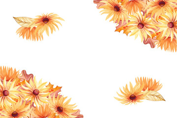 Autumn template, frame, border, space for text, copy space. Yellow flower, echinacea, rudbeckia, coneflower. Fallen red maple leaf, leaf fall. Botanical floral Hand drawn watercolor illustration