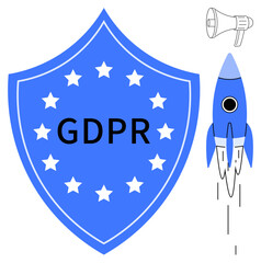 Blue shield labeled GDPR surrounded by stars, rocket launching, and megaphone symbolizing security, growth, and communication. Ideal for data privacy, cybersecurity, marketing, innovation awareness