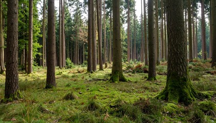 Obraz premium A tranquil forest scene, showcasing tall coniferous trees and a carpet of moss and grass.