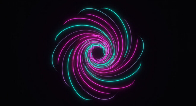 Futuristic abstract background with a glowing spiral vortex of pink and cyan neon light trails twisting in a hypnotic, energetic motion against a black backdrop