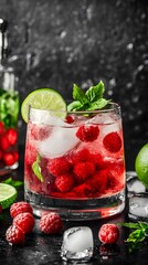 Refreshing Raspberry Lime Mint Cocktail Drink in Glass