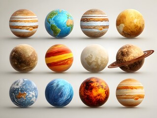 A stunning collection of diverse planets shows varying surface textures and atmospheric conditions beautifully.