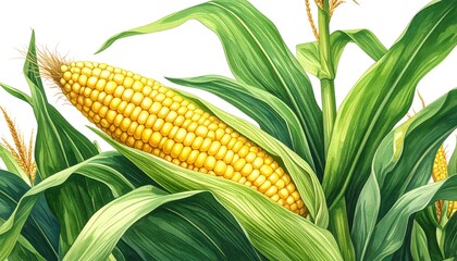 Detailed illustration of a corn plant with a ripe cob