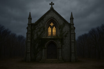 Fototapeta premium Historic Abandoned Chapel – Ivy Traces on Facade with Dramatic Glow from Single Window