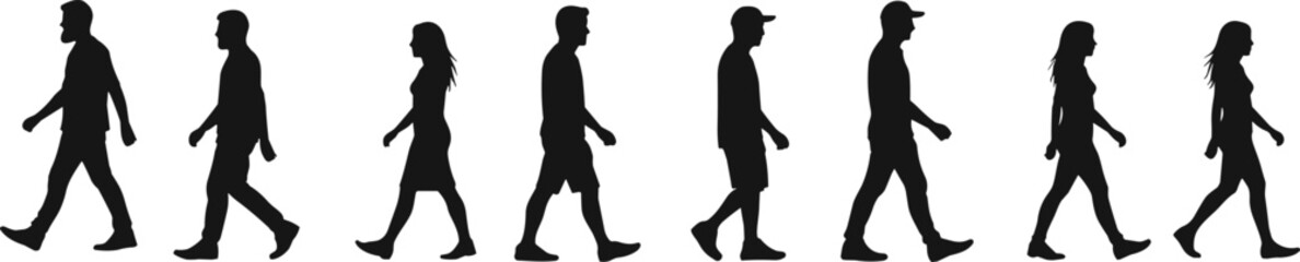 Silhouette vector illustration of diverse people walking in a row, showing casual movement, gender variety, and daily outdoor activity.