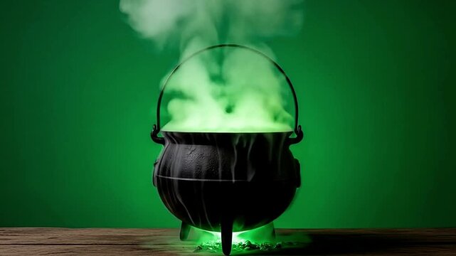 Mysterious cauldron bubbling with vibrant green potion for magical Halloween fun