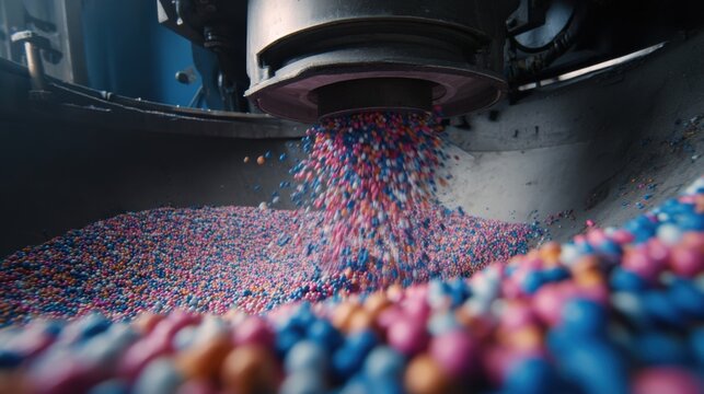 An overhead view of the machine in operation with bright colored elastomer pellets feeding into the hopper illustrating the recycling process of raw biodegradable materials.