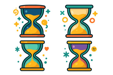 Set of colorful hourglass icons. Vector cartoon illustration of sandglass timer. Concept of time, deadline, countdown, waiting, patience, transience, and history. Simple flat design.