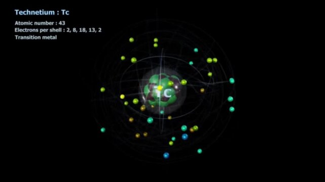 echnetium as Element 43 of the Periodic Table. Seamlessly looping 3D animation on blue illuminated atom design background with orbiting electrons. Name, atomic weight, element number.