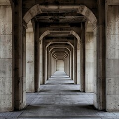 Fototapeta premium a long, repeating structured corridor, framed by a series of concrete arches that form a perspective towards the light at the end