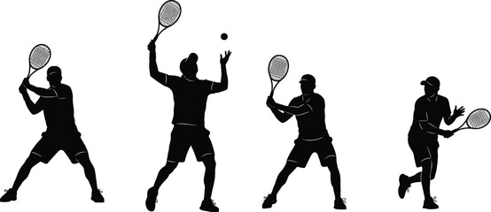 Silhouette vector of male tennis players hitting, serving, and running with rackets and balls, showing dynamic sports action scenes.