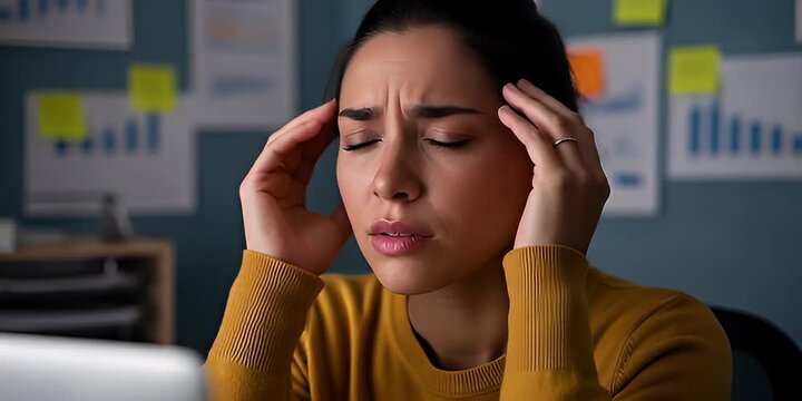 Stressed Young Woman Massaging Temples In Office With Blue Wall Charts, Wearing Mustard Yellow Sweater With Dim Lighting And Eyes Closed
