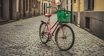 Obraz premium Vintage Pink Bicycle Parked on Cobblestone Street