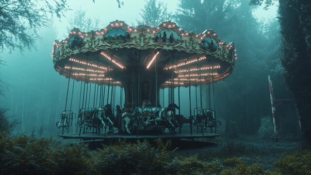 Broken carousel scary cinematic scene