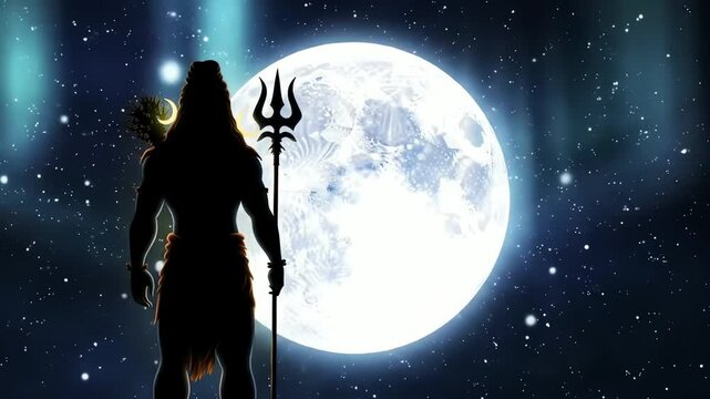 Divine lord shiva wallpaper showing a powerful silhouette with a trishula against the majestic full moon and cosmic sky