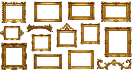 Set of old golden mirror and photo frames isolated on white background PNG. Vintage ornate frames, decorative gold frames, antique photo frame collection, classic interior decoration, and elegant