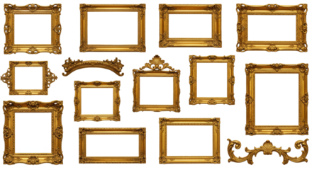 Set of old golden mirror and photo frames isolated on white background PNG. Vintage ornate frames, decorative gold frames, antique photo frame collection, classic interior decoration, and elegant