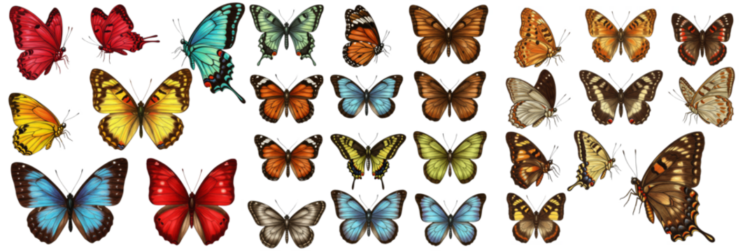 Set of all sorts of butterfly illustrations isolated on white background PNG. Colorful hand-drawn and digital butterflies, nature art, floral decoration, tropical insects, and creative vector cutout