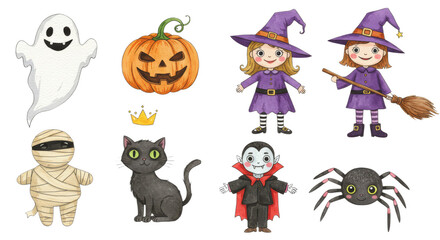 Set of Halloween character icons isolated on white background PNG. Cute and spooky 3D characters, pumpkins, ghosts, witches, bats, skeletons, and Halloween party elements for decoration and digital