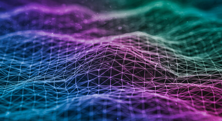 Vibrant abstract digital network connection with glowing nodes and lines forming a futuristic technology grid background
