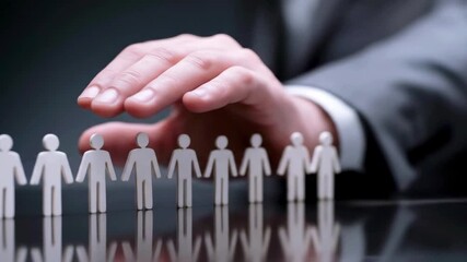 Businessman selecting a figurine from a row of miniature people on a reflective surface