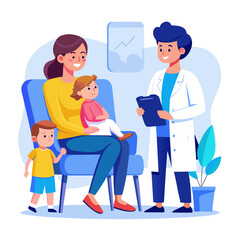 Doctor consulting with a mother and her two children in a clinic