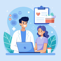 Doctor and patient consulting with laptop and medical chart