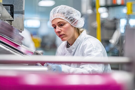 Female factory worker in sterile uniform operating industrial machinery.